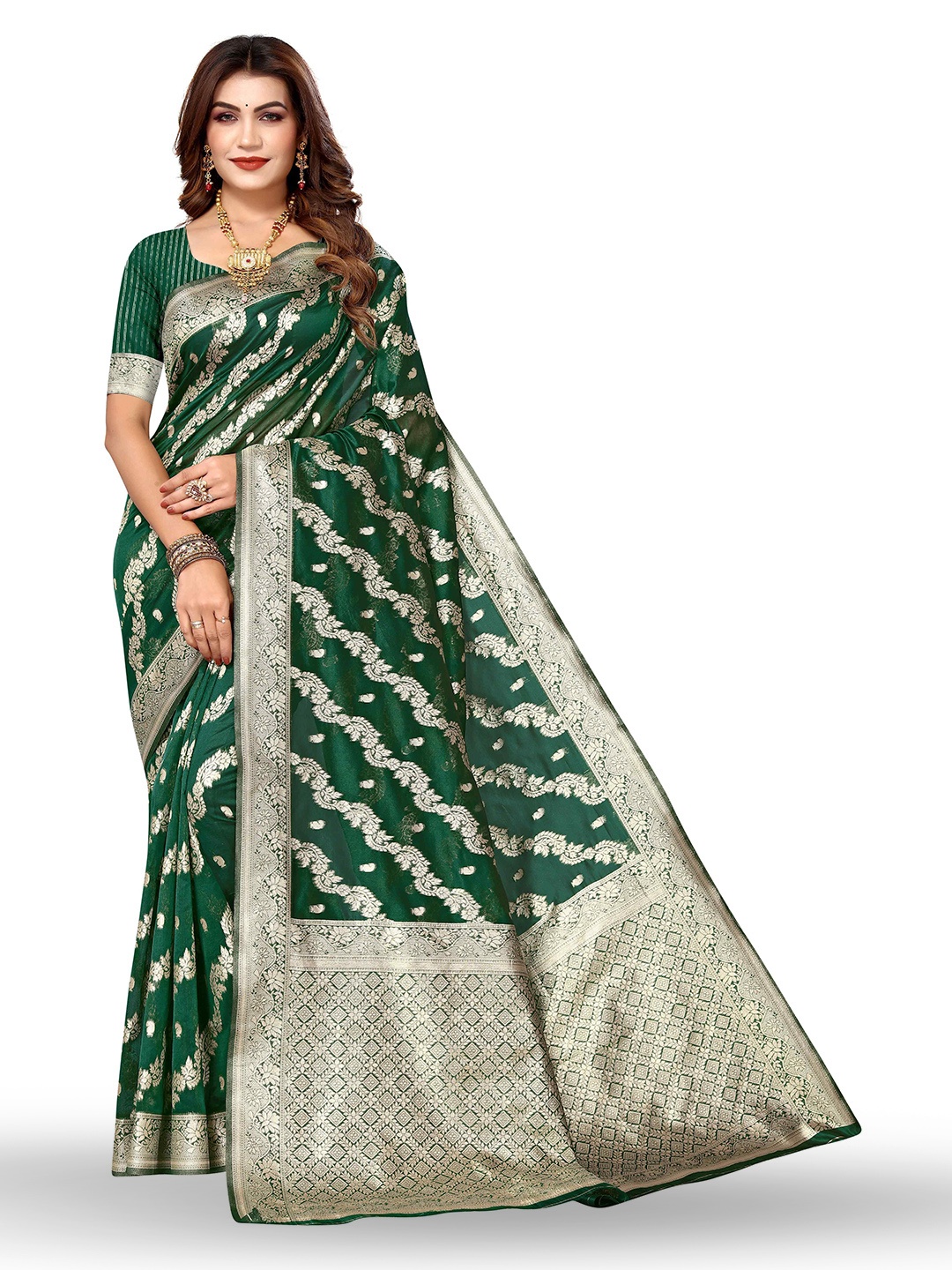 

KALINI Ethnic Motifs Woven Design Zari Silk Blend Kanjeevaram Saree, Green