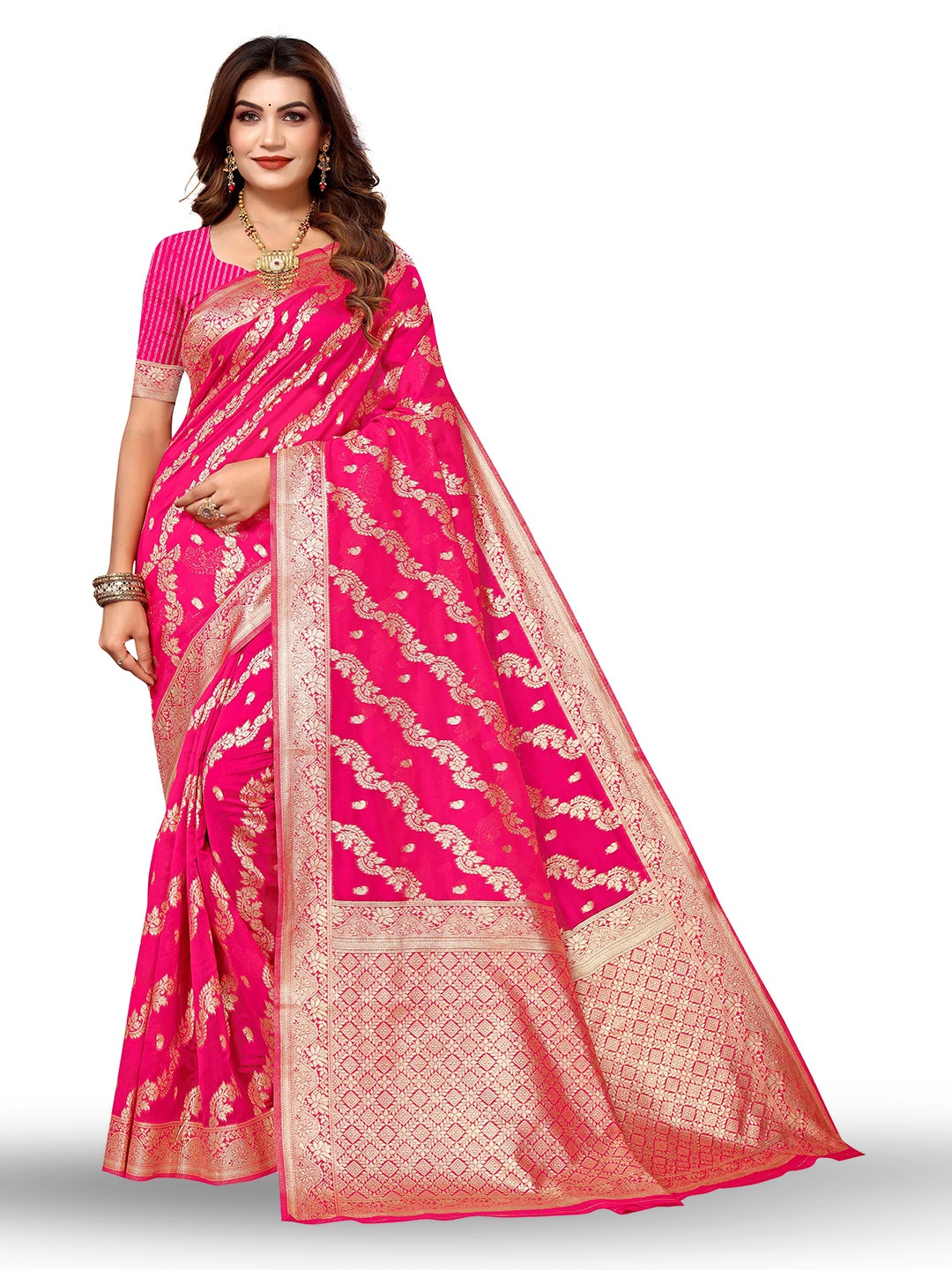 

KALINI Ethnic Motifs Woven Design Zari Kanjeevaram Saree, Pink