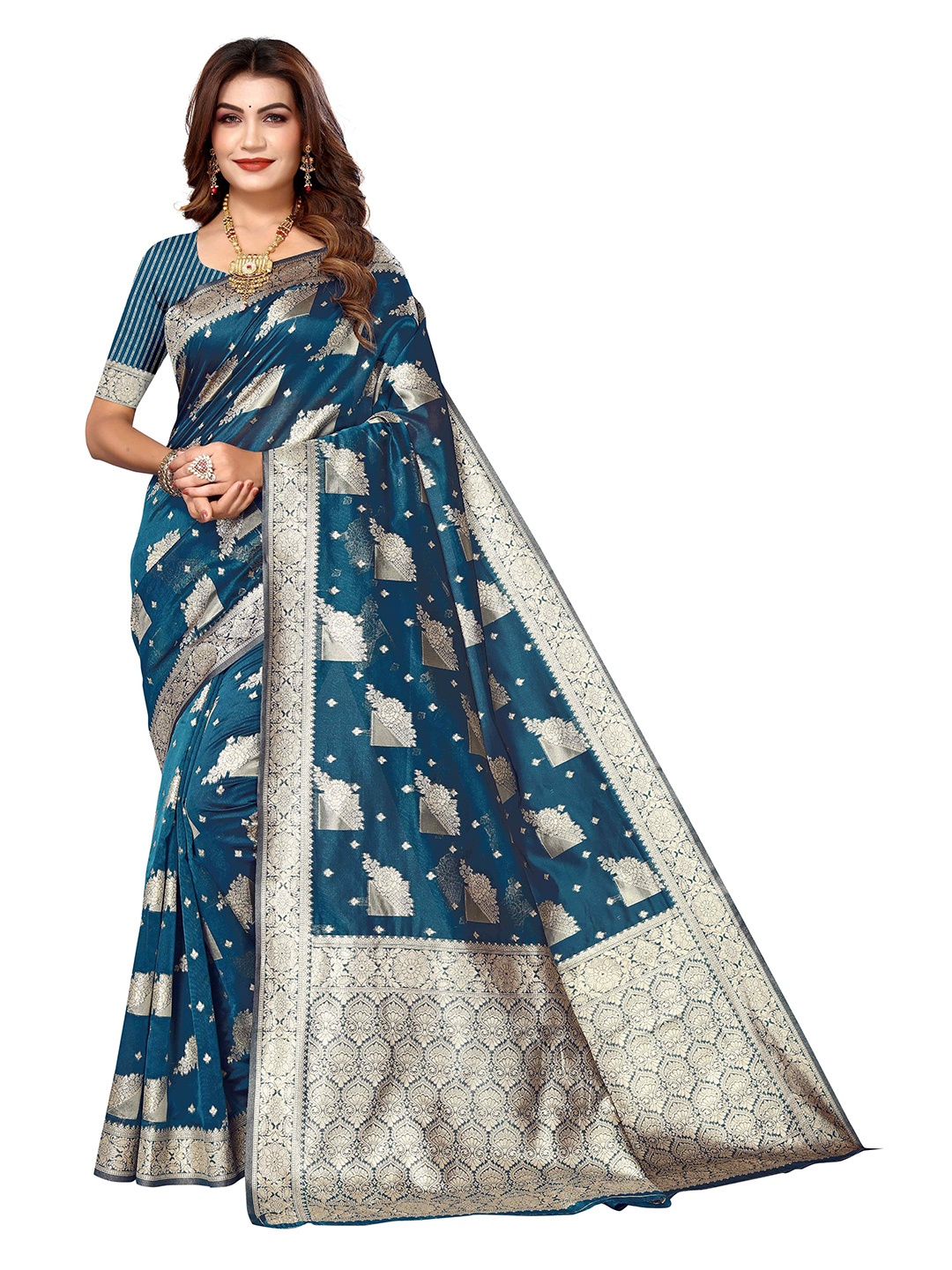 

KALINI Ethnic Motifs Woven Design Zari Kanjeevaram Saree, Blue