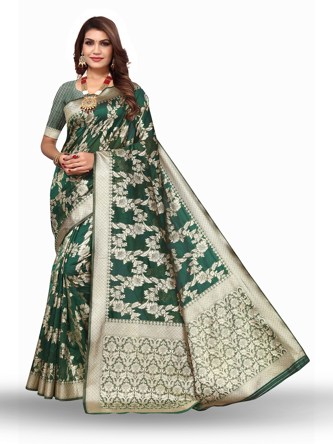 

KALINI Floral Woven Design Zari Kanjeevaram Saree, Green