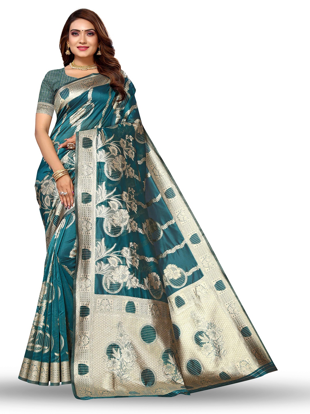 

KALINI Floral Woven Design Zari Kanjeevaram Saree, Blue