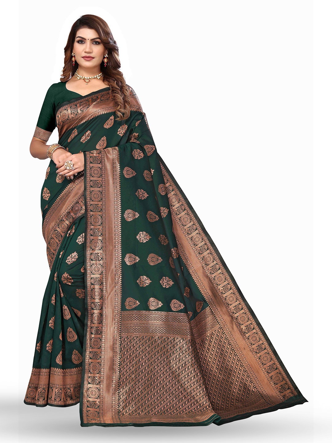 

KALINI Woven Design Zari Kanjeevaram Saree, Green