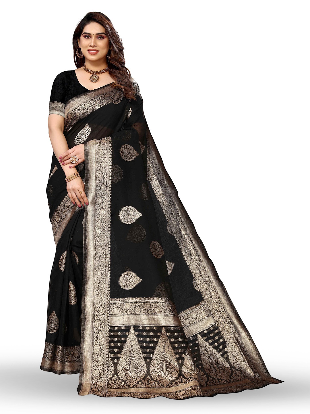 

KALINI Ethnic Motifs Woven Design Zari Silk Blend Kanjeevaram Saree, Black
