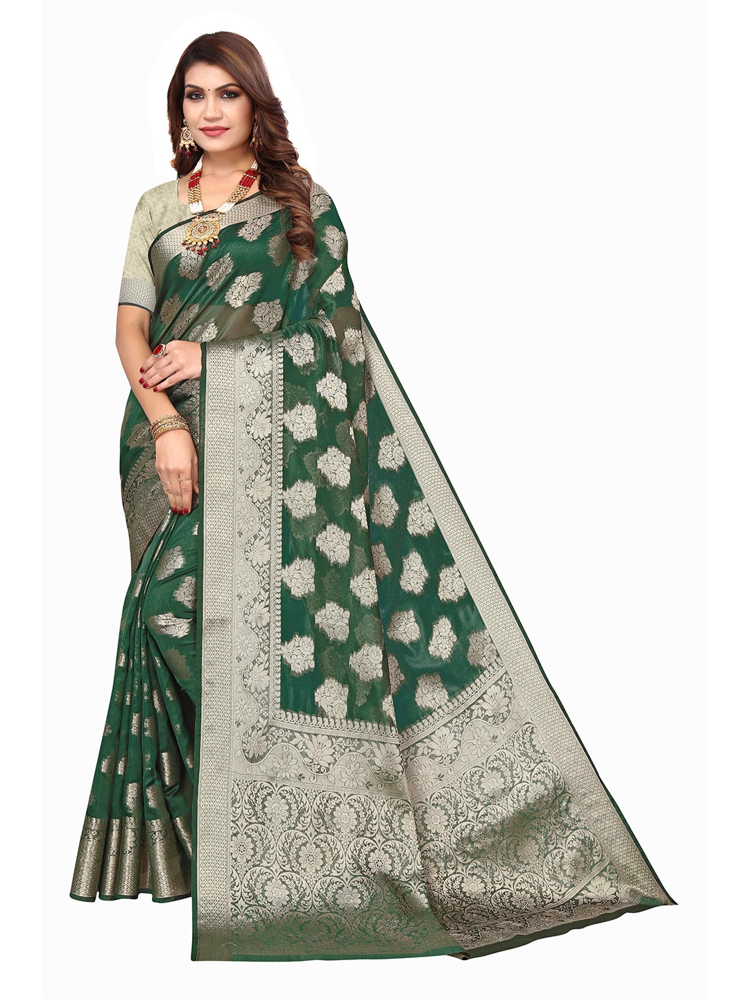 

KALINI Ethnic Motifs Woven Design Zari Kanjeevaram Saree, Green