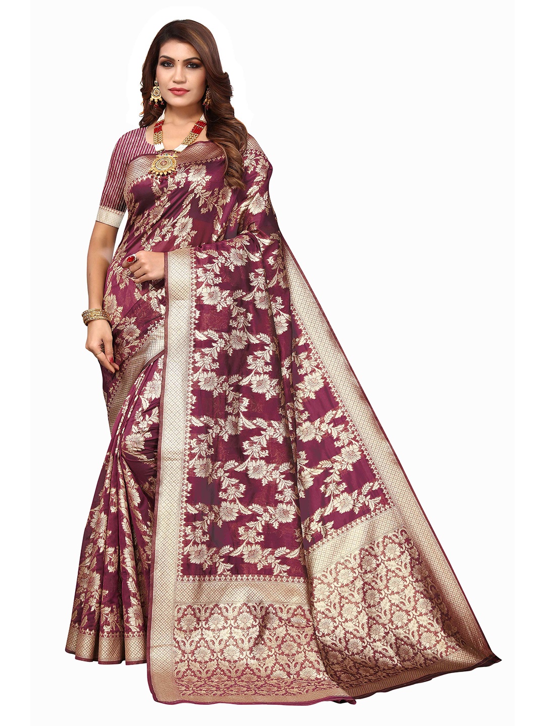 

KALINI Floral Woven Design Zari Detailed Kanjeevaram Saree, Purple