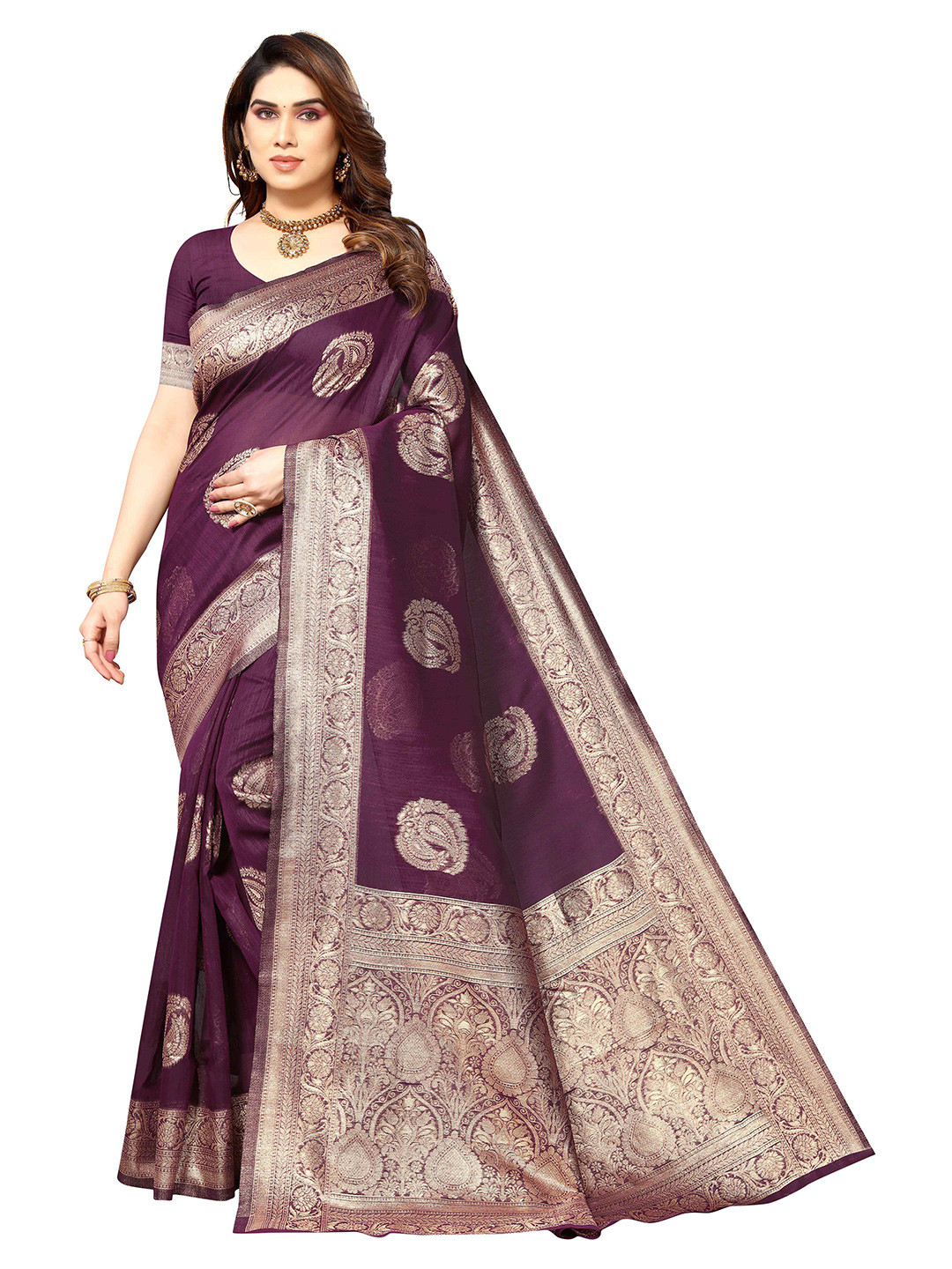 

KALINI Ethnic Motifs Woven Design Zari Kanjeevaram Saree, Burgundy