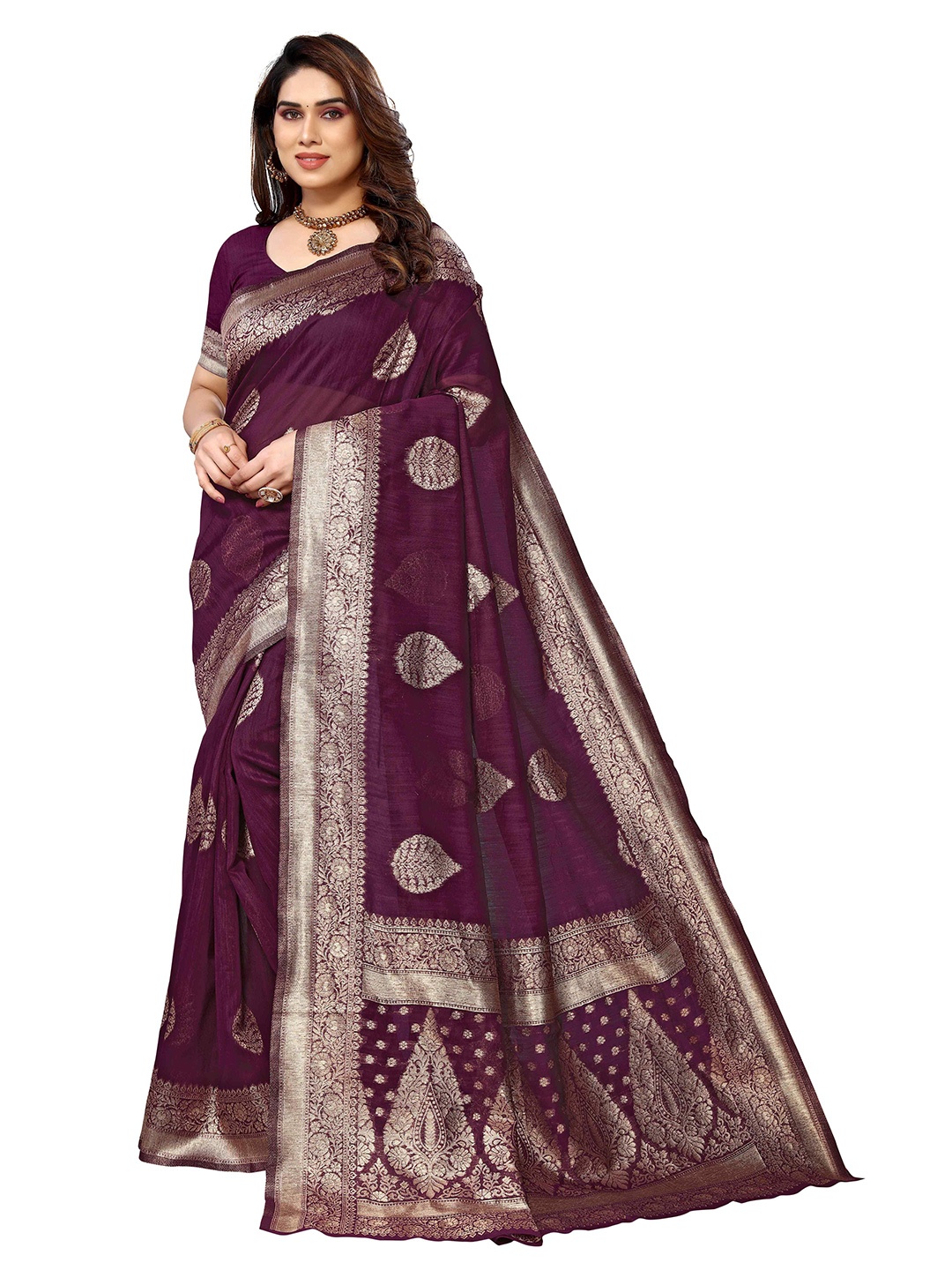 

KALINI Ethnic Motifs Woven Design Zari Silk Blend Kanjeevaram Saree, Purple