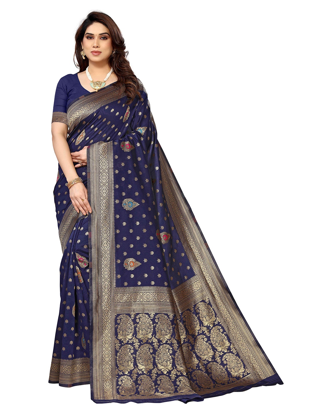 

KALINI Ethnic Motifs Woven Design Zari Kanjeevaram Saree, Blue