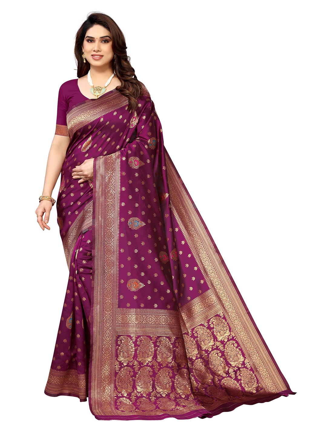 

KALINI Ethnic Motifs Woven Design Zari Kanjeevaram Saree, Purple