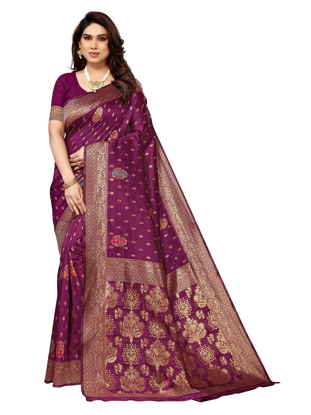 

KALINI Ethnic Motifs Woven Design Zari Kanjeevaram Saree, Purple