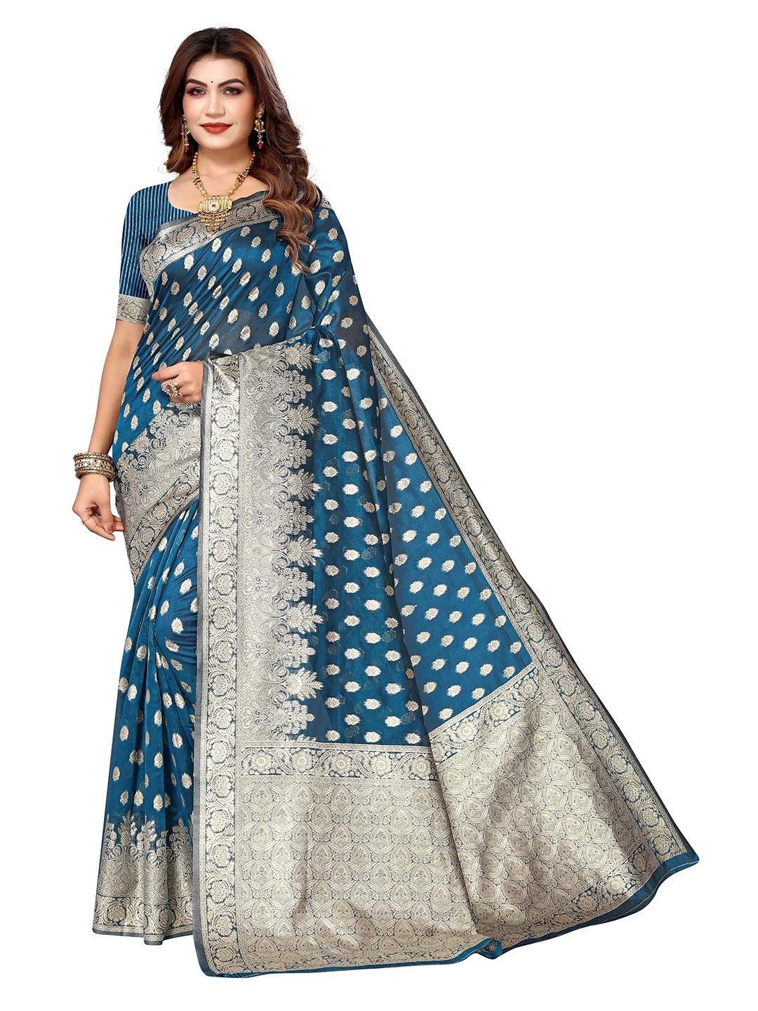 

KALINI Ethnic Motifs Woven Design Zari Kanjeevaram Saree, Blue