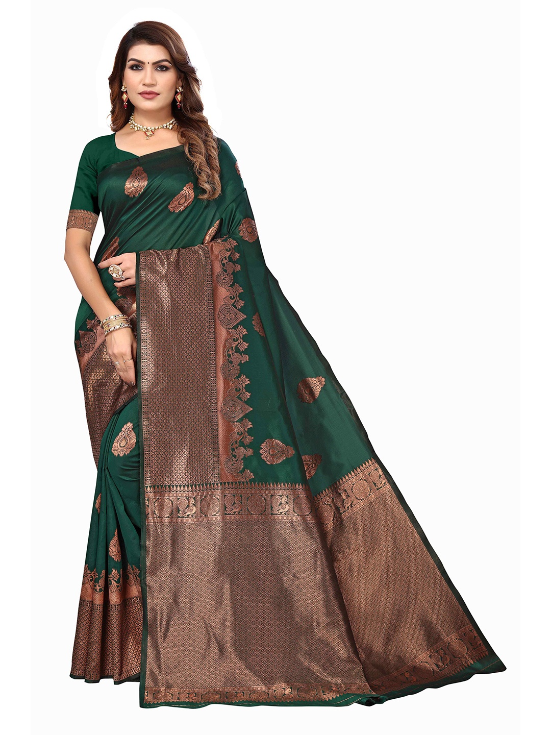 

KALINI Ethnic Motifs Woven Design Zari Detail Kanjeevaram Saree, Green