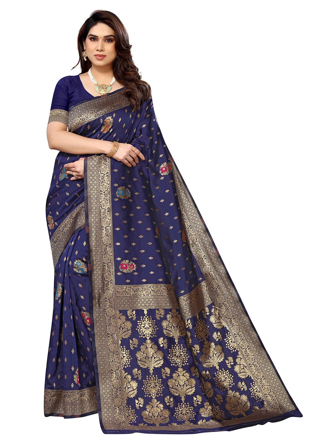 

KALINI Ethnic Motifs Woven Design Zari Kanjeevaram Saree, Navy blue