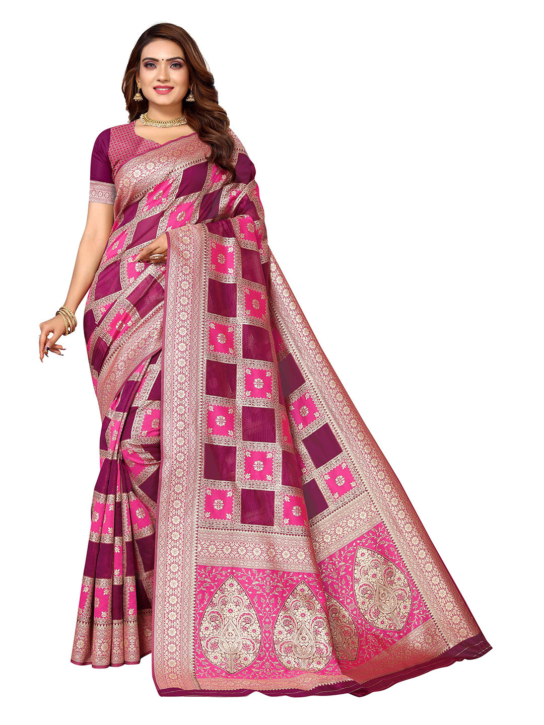 

KALINI Geometric Woven Design Zari Silk Blend Kanjeevaram Saree, Pink