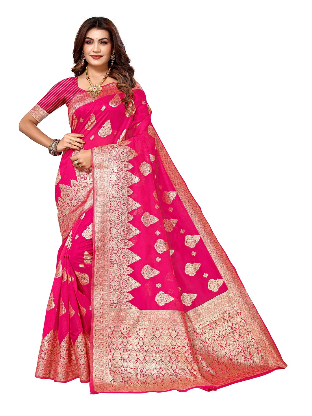 

KALINI Ethnic Motifs Woven Design Zari Detail Kanjeevaram Saree, Pink