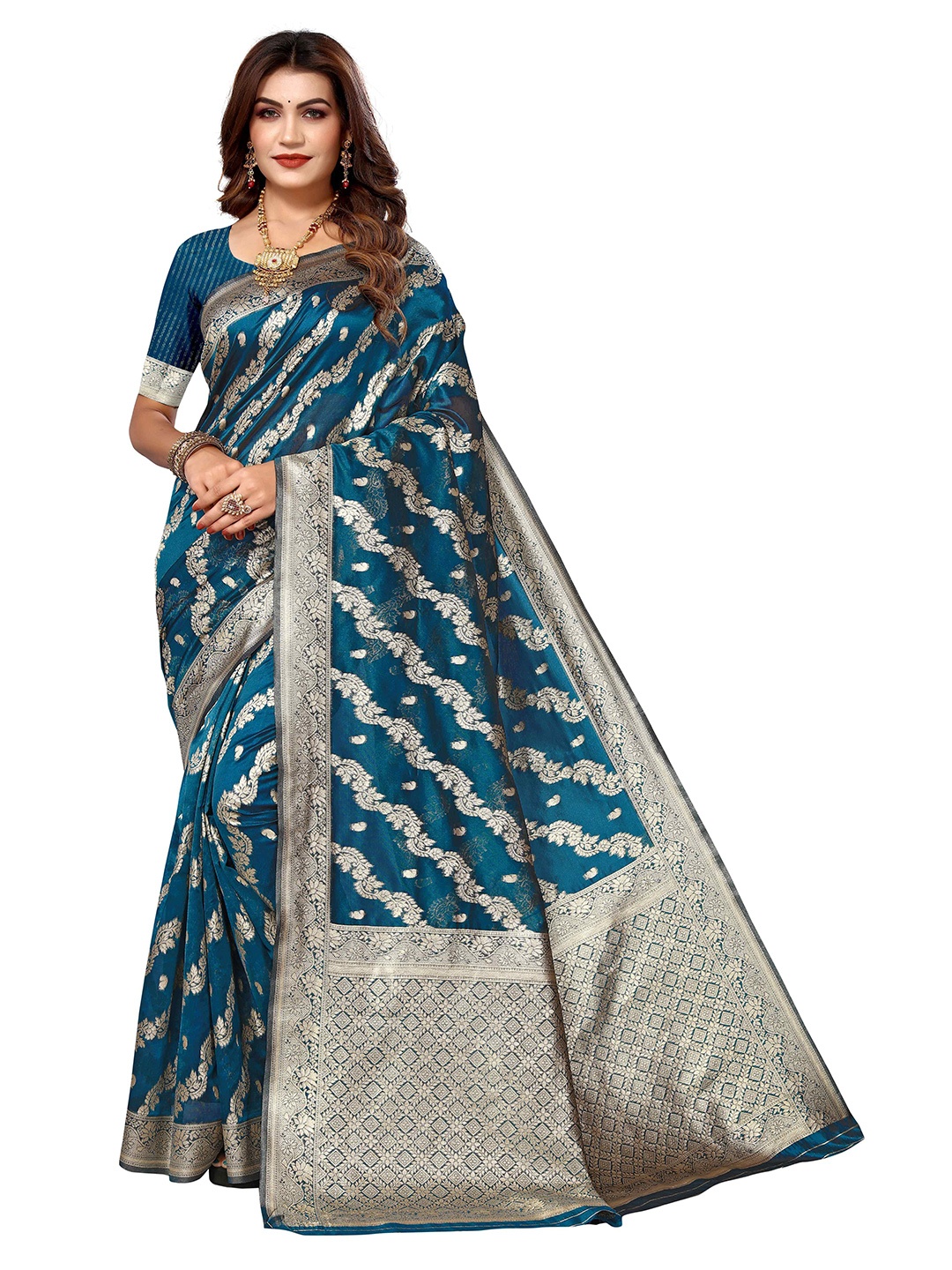 

KALINI Woven Design Zari Kanjeevaram Saree, Blue