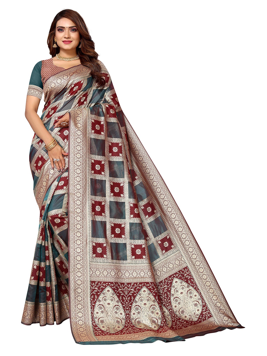 

KALINI Ethnic Motifs Woven Design Zari Kanjeevaram Saree, Green