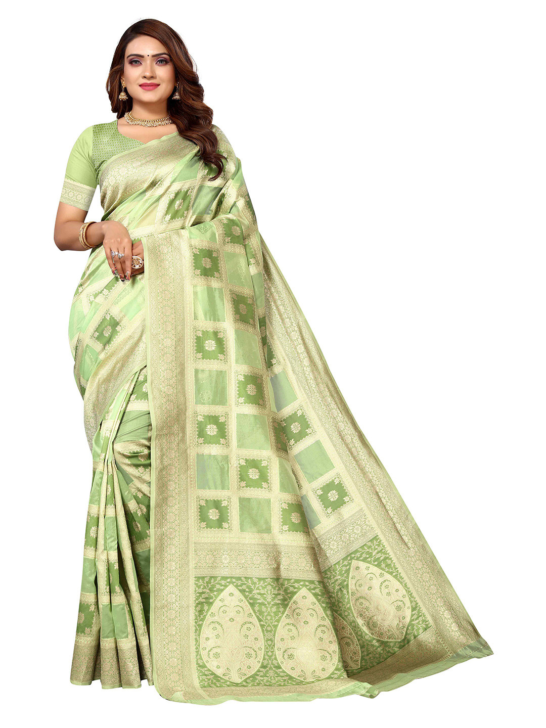 

KALINI Geometric Woven Design Zari Silk Blend Kanjeevaram Saree, Green