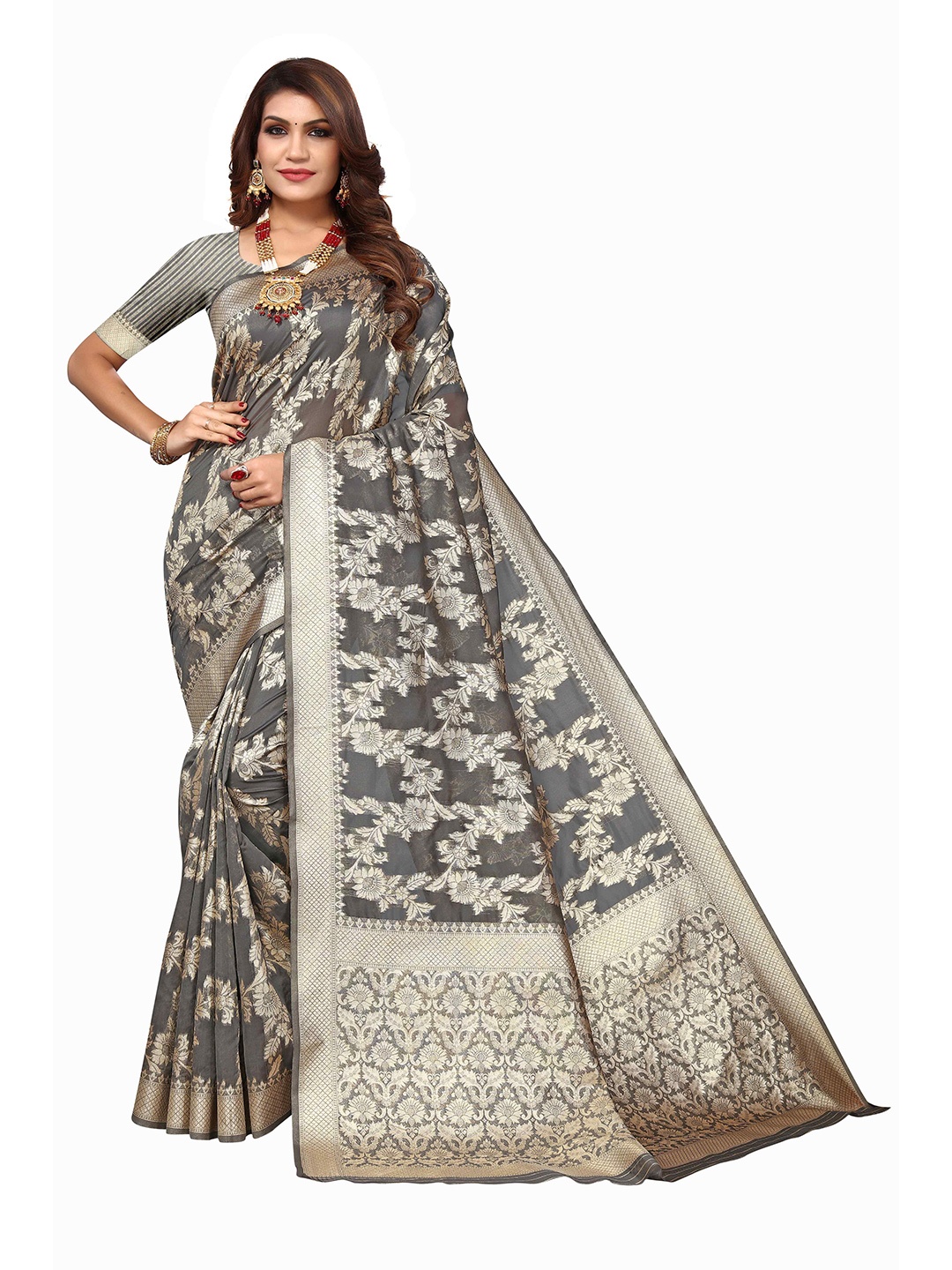 

KALINI Floral Woven Design Zari Kanjeevaram Saree, Grey
