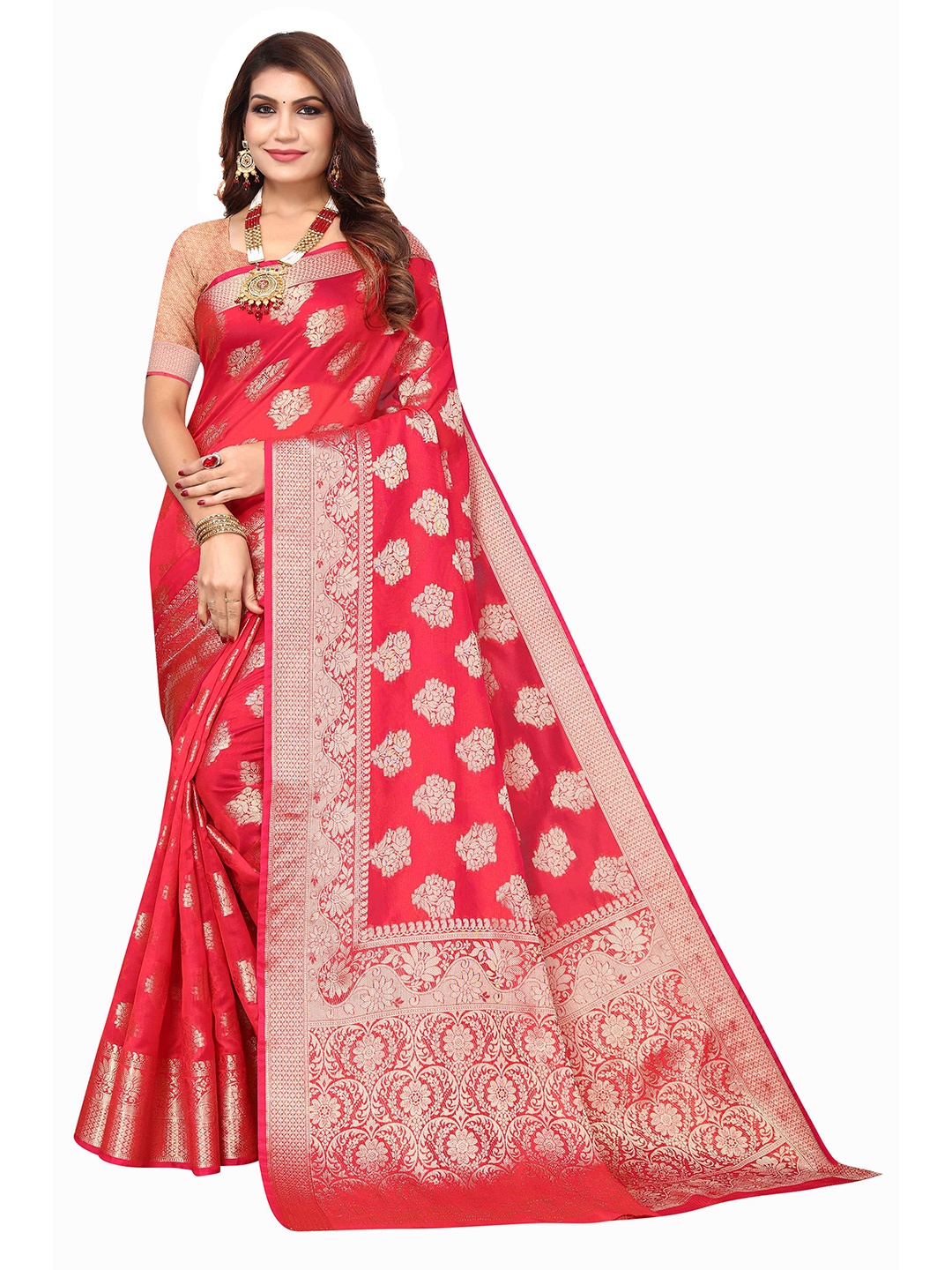 

KALINI Ethnic Motifs Woven Design Zari Detail Kanjeevaram Saree, Red
