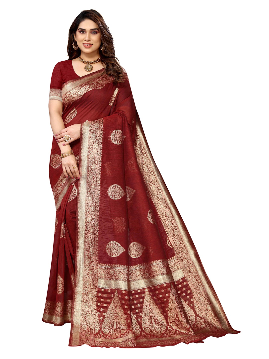 

KALINI Ethnic Motifs Woven Design Zari Kanjeevaram Saree, Maroon