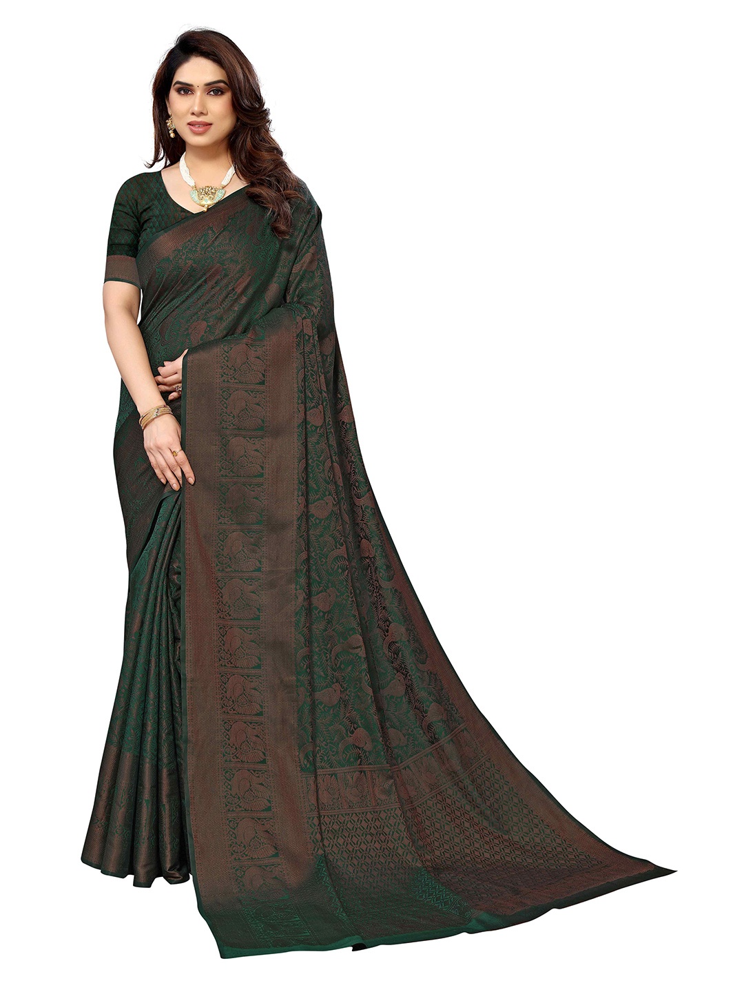 

KALINI Ethnic Motifs Woven Design Zari Silk Blend Kanjeevaram Saree, Green