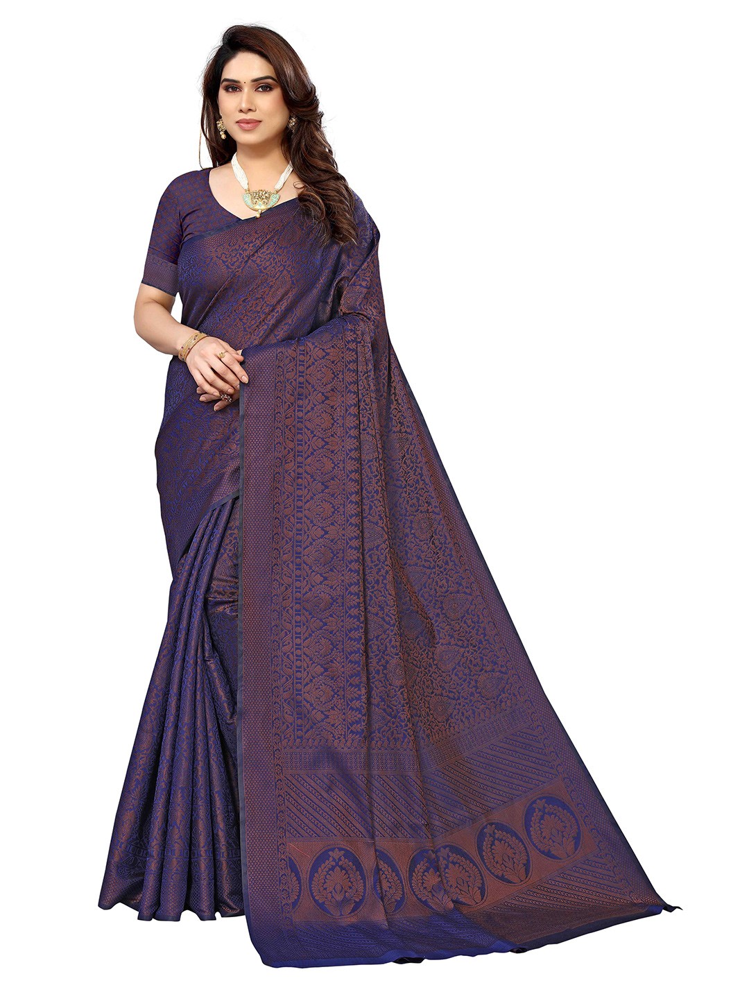 

KALINI Ethnic Motifs Woven Design Zari Kanjeevaram Saree, Blue