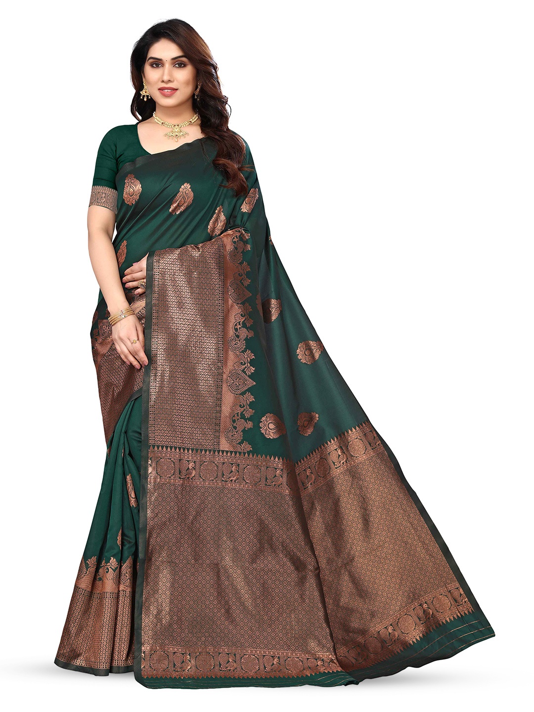 

KALINI Ethnic Motifs Woven Design Zari Silk Blend Kanjeevaram Saree, Green