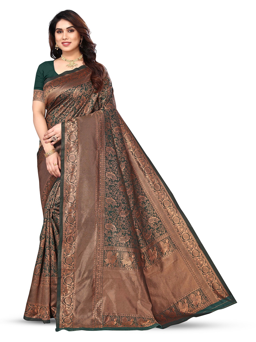 

KALINI Paisley Woven Design Zari Kanjeevaram Saree, Green