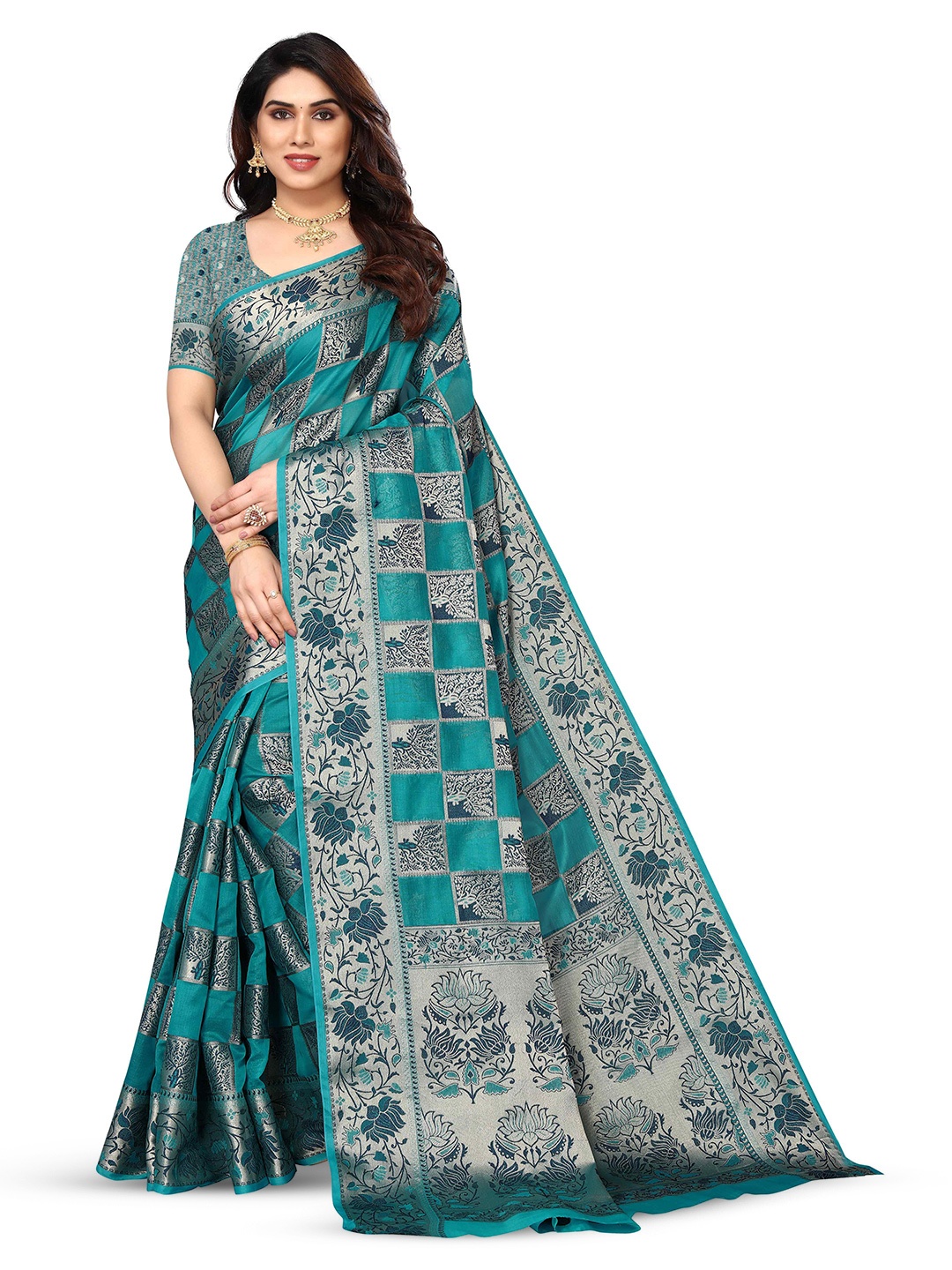 

KALINI Ethnic Motifs Woven Design Zari Kanjeevaram Saree, Blue