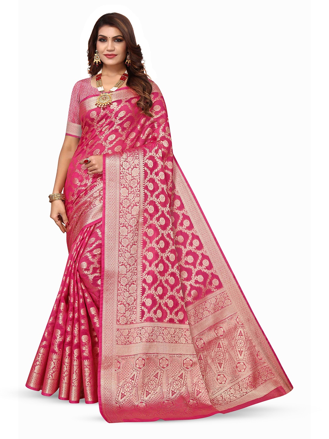 

KALINI Ethnic Motifs Woven Design Zari Detailed Kanjeevaram Saree, Pink
