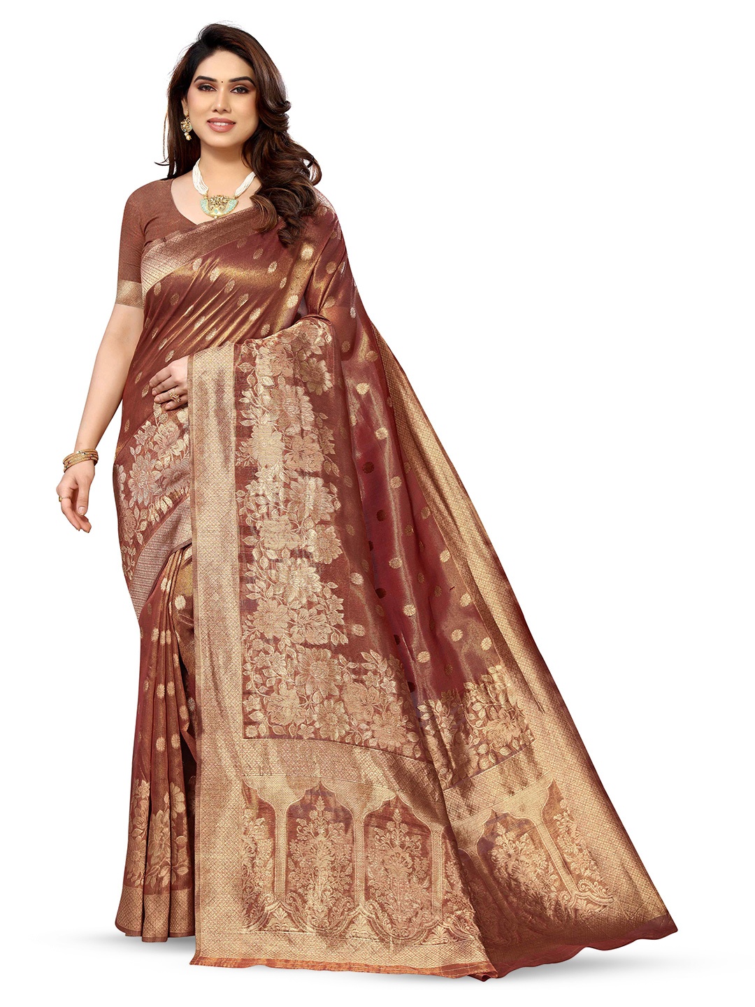 

KALINI Ethnic Motifs Woven Design Zari Kanjeevaram Saree, Brown