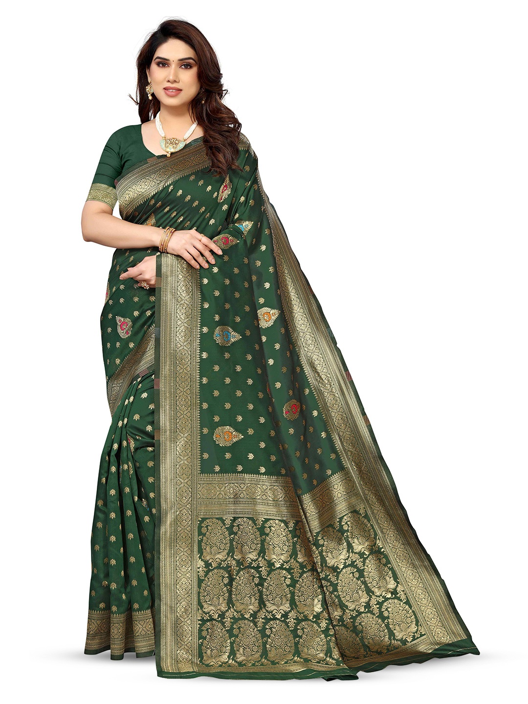 

KALINI Ethnic Motif Woven Design Zari Kanjeevaram Saree, Green