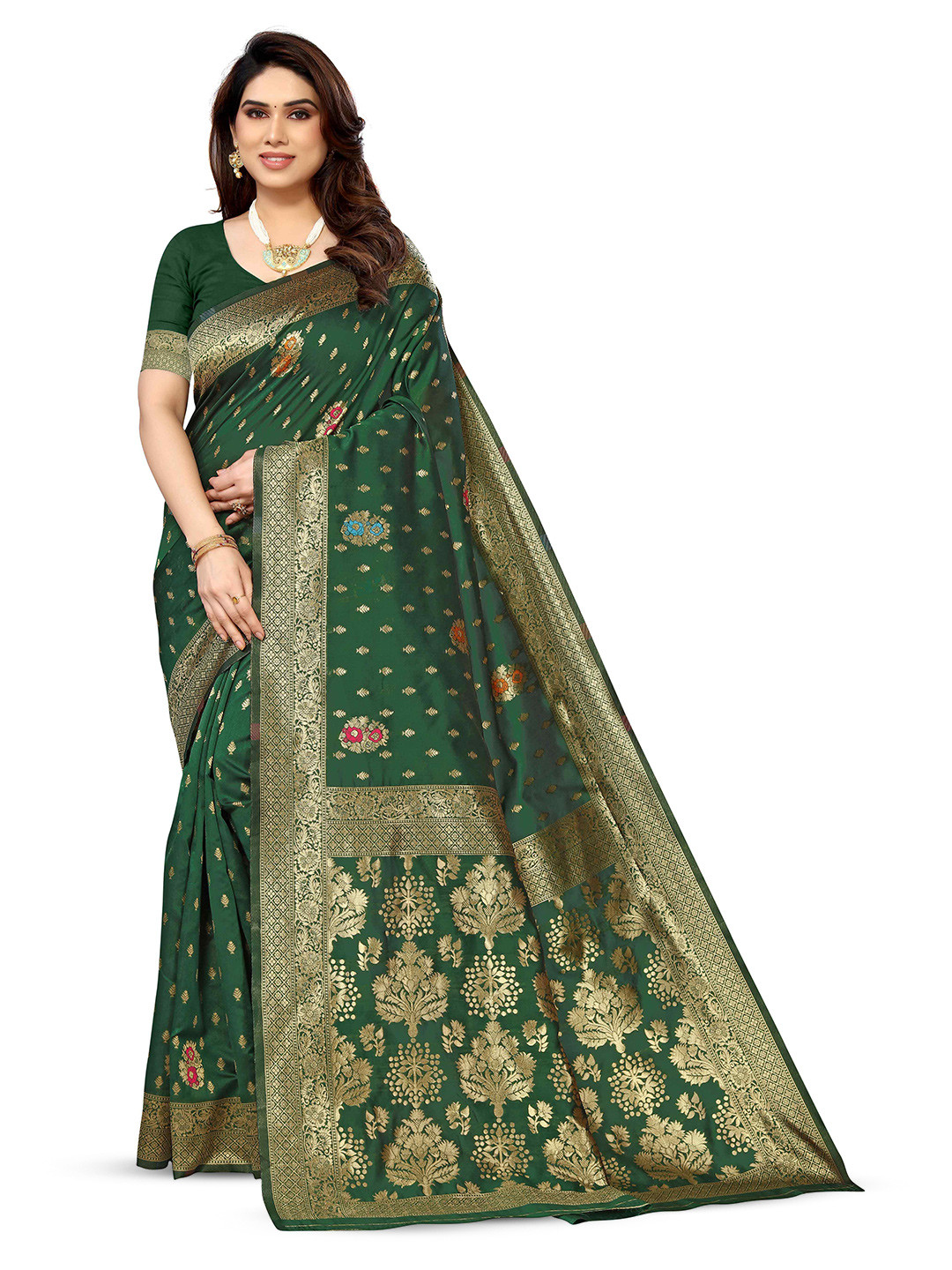 

KALINI Ethnic Motifs Woven Design Zari Kanjeevaram Saree, Green