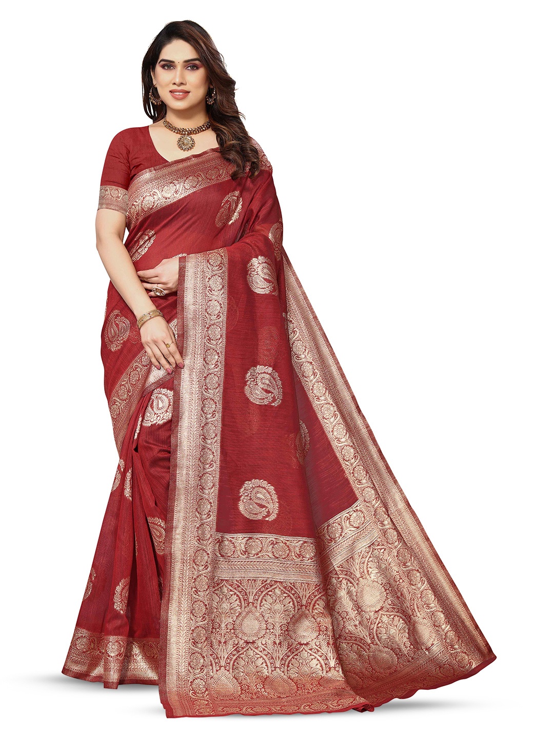 

KALINI Ethnic Motifs Woven Design Zari Silk Blend Kanjeevaram Saree, Maroon