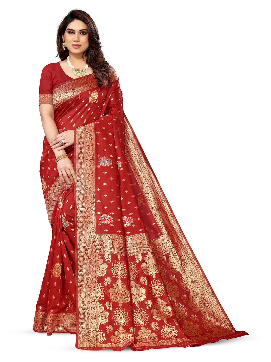 

KALINI Woven Design Zari Kanjeevaram Saree, Red