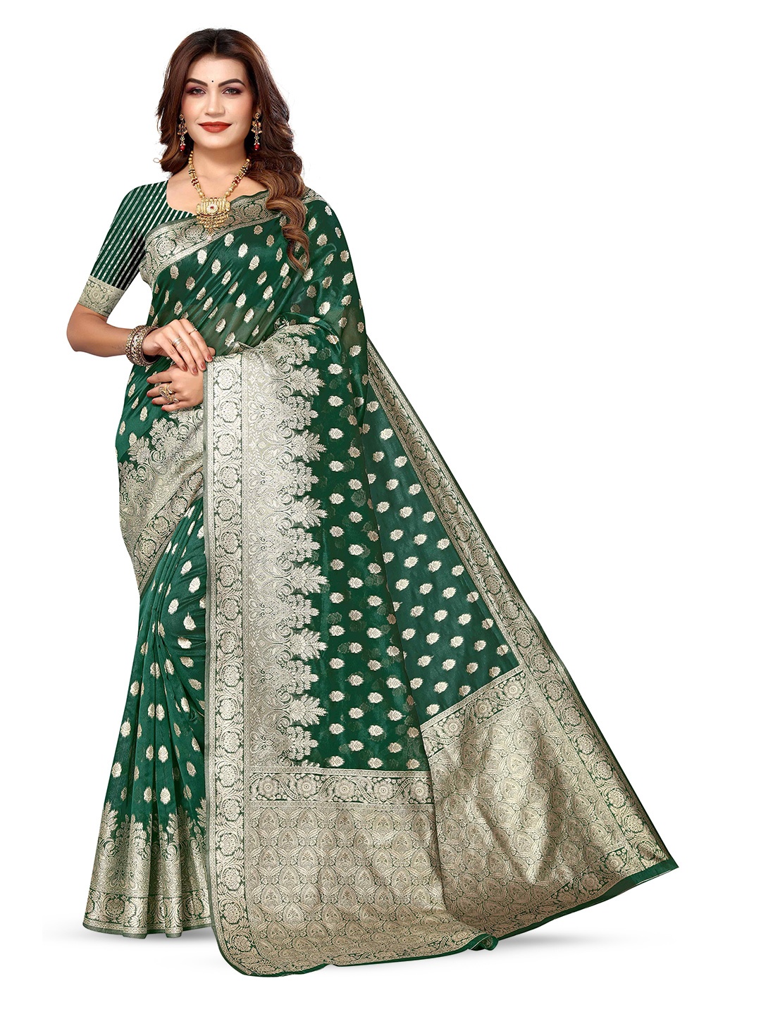 

KALINI Woven Design Zari Silk Blend Kanjeevaram Saree, Green