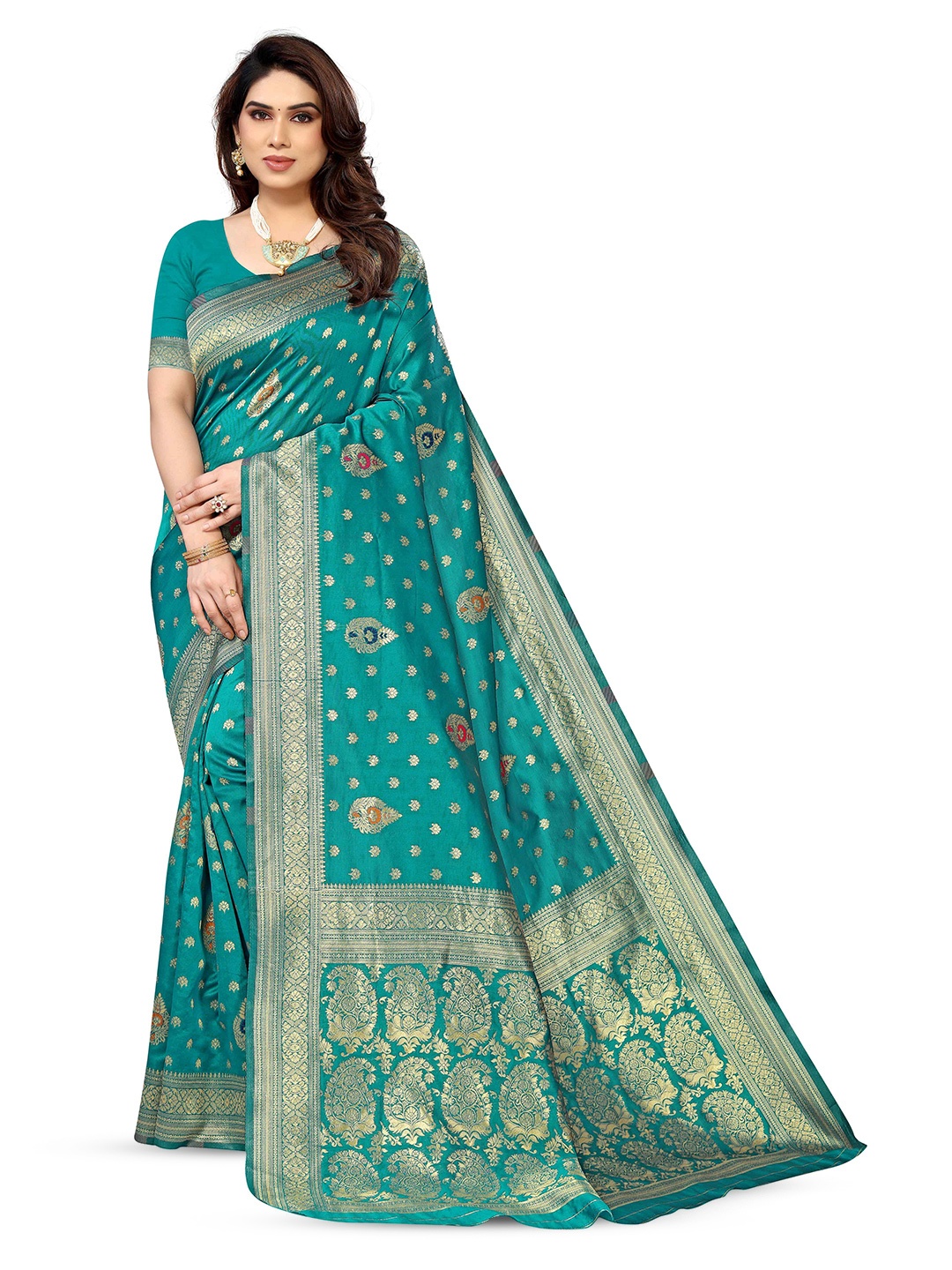 

KALINI Ethnic Motifs Woven Design Zari Kanjeevaram Saree, Green