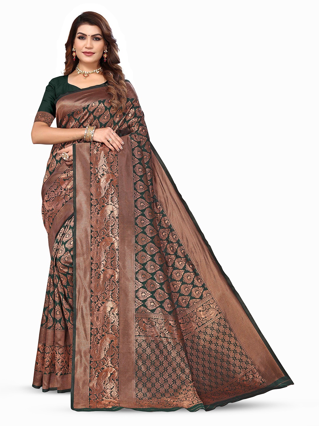 

KALINI Ethnic Motif Woven Design Zari Kanjeevaram Saree, Green