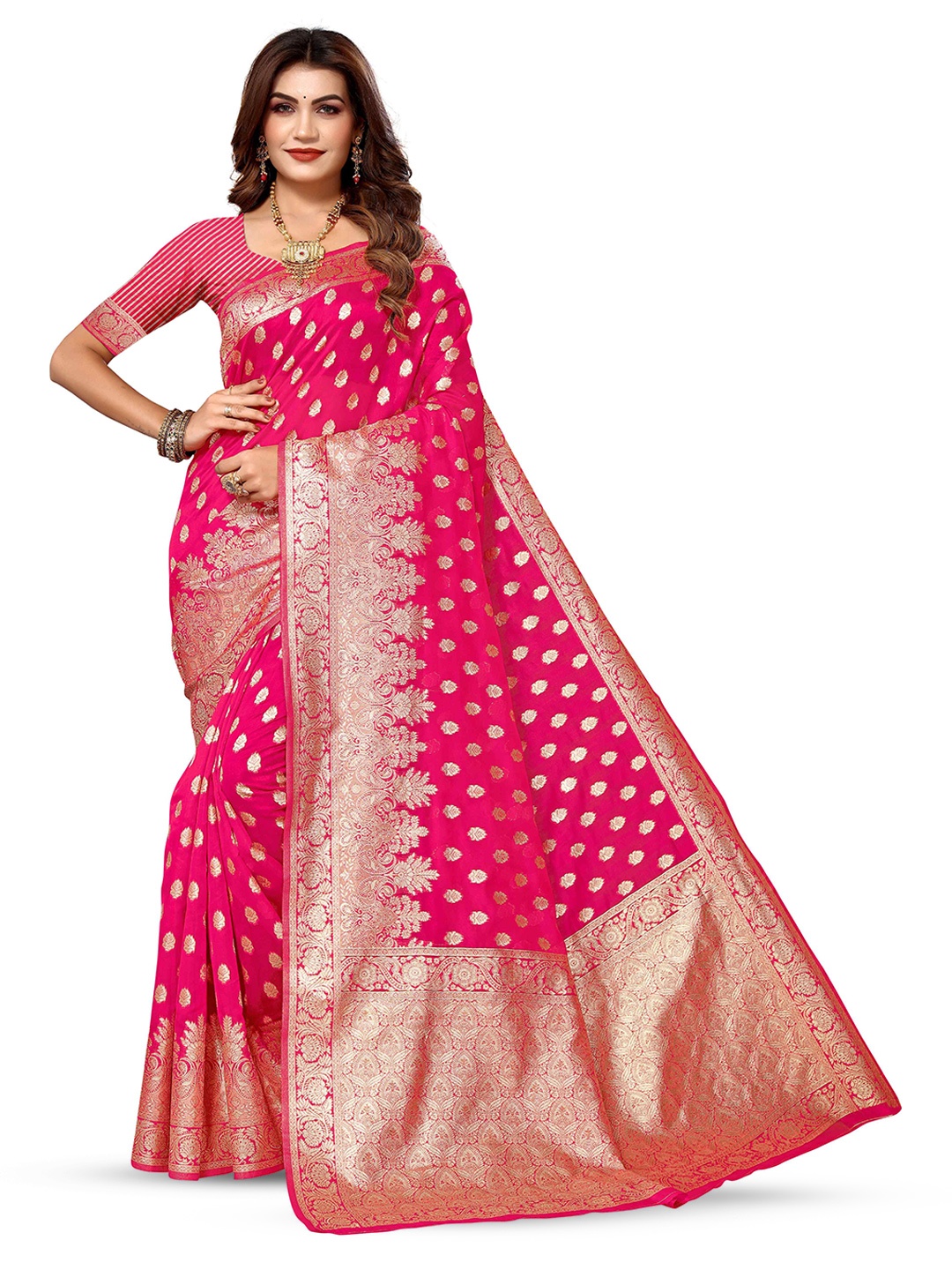 

KALINI Ethnic Motifs Woven Design Zari Silk Blend Kanjeevaram Saree, Pink