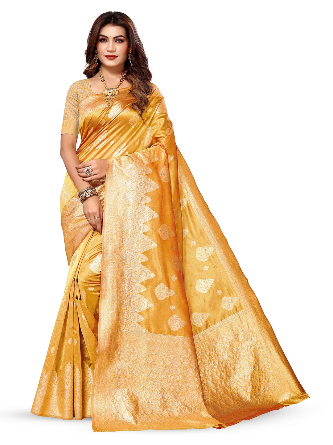 

KALINI Ethnic Motifs Woven Design Zari Kanjeevaram Saree, Yellow