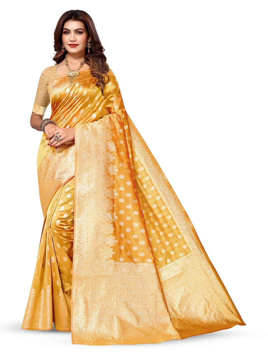 

KALINI Ethnic Motifs Woven Design Zari Detailed Kanjeevaram Saree, Yellow