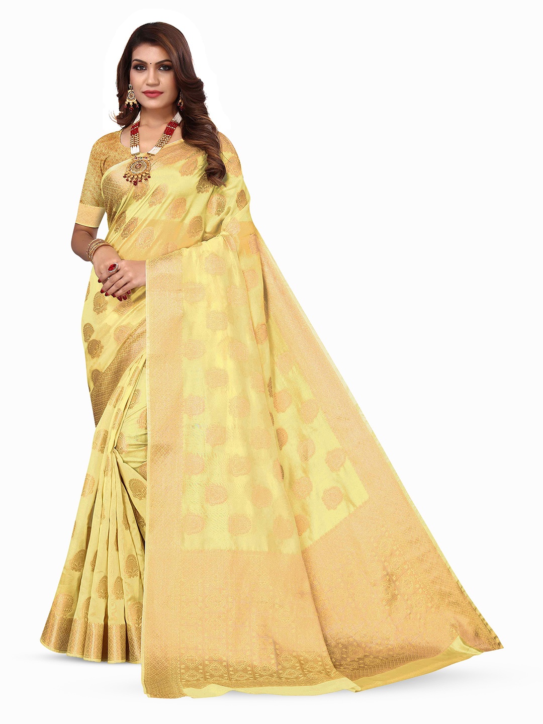 

KALINI Ethnic Motifs Woven Design Zari Kanjeevaram Saree, Yellow