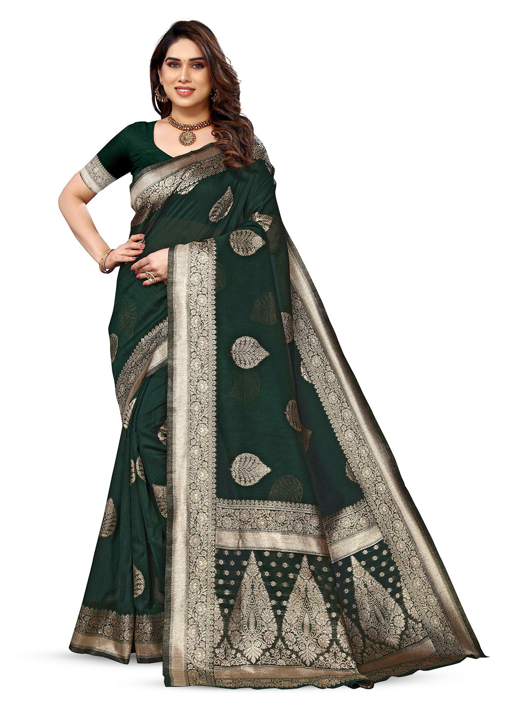 

KALINI Ethnic Motifs Woven Design Zari Kanjeevaram Saree, Green