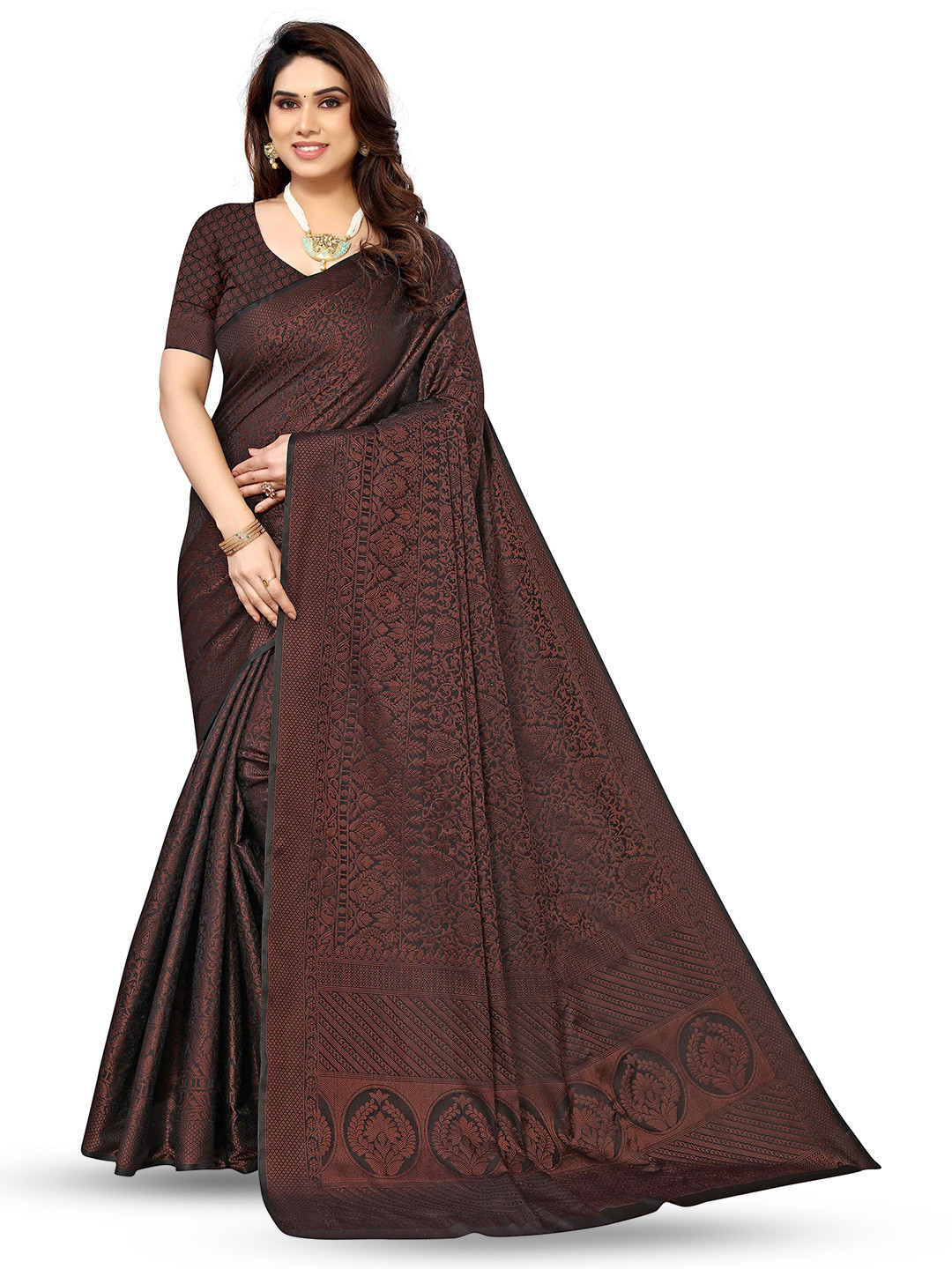 

KALINI Ethnic Motifs Woven Design Zari Silk Blend Kanjeevaram Saree, Brown