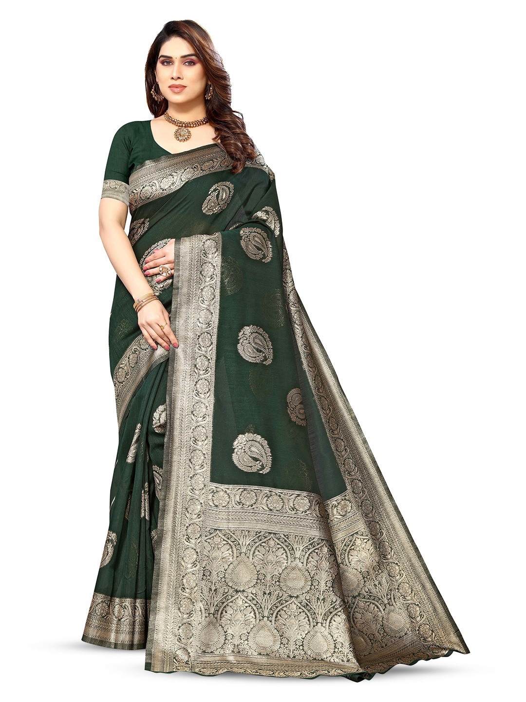 

KALINI Paisley Woven Design Zari Kanjeevaram Saree, Green