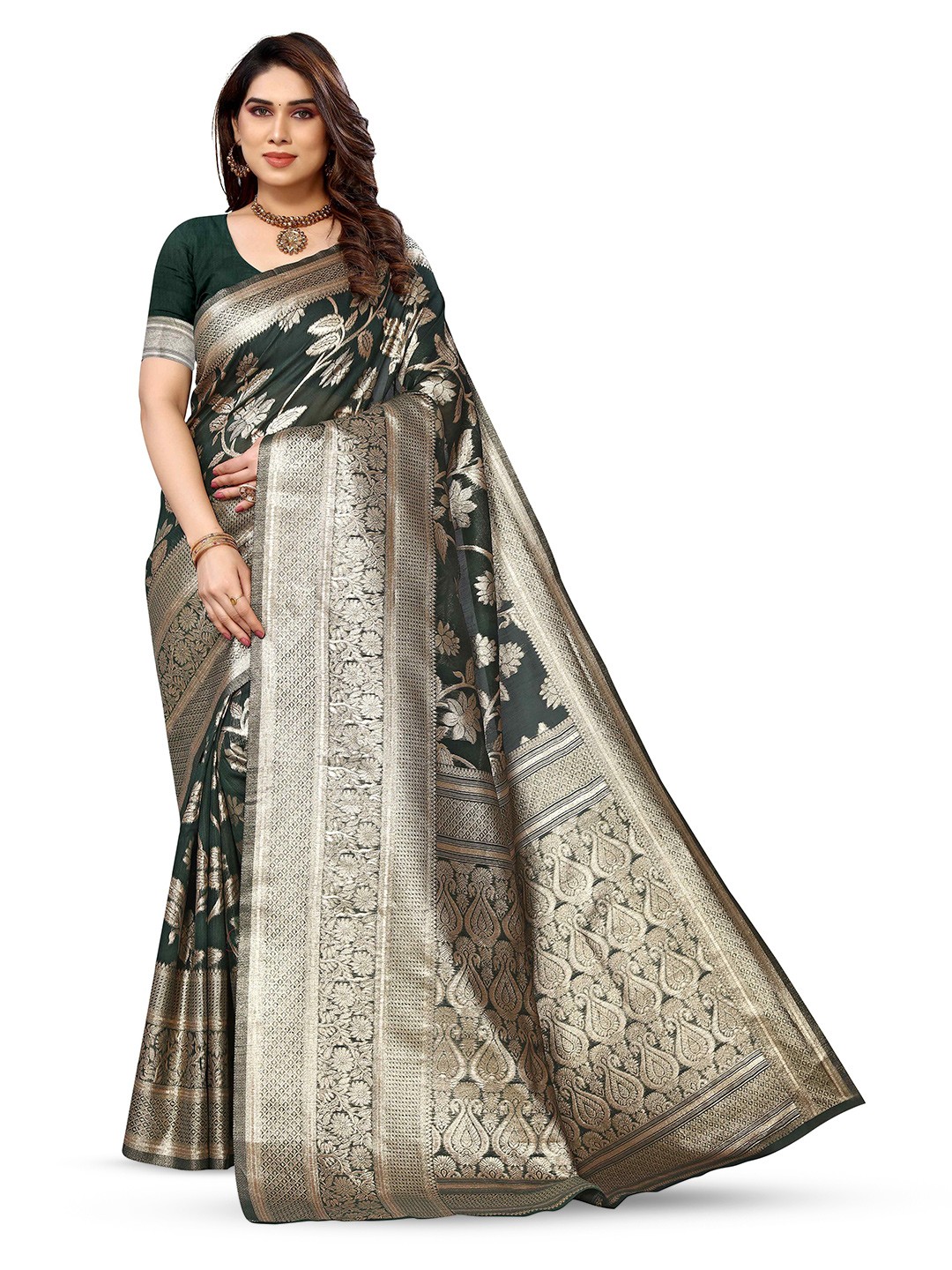 

KALINI Floral Woven Design Zari Silk Blend Kanjeevaram Saree, Green