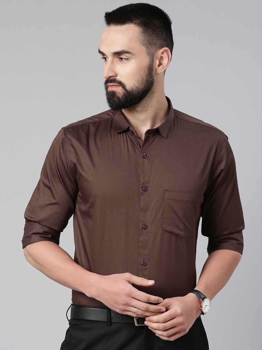 

Majestic Man Men Comfort Slim Fit Opaque Pure Cotton Casual Shirt, Brown
