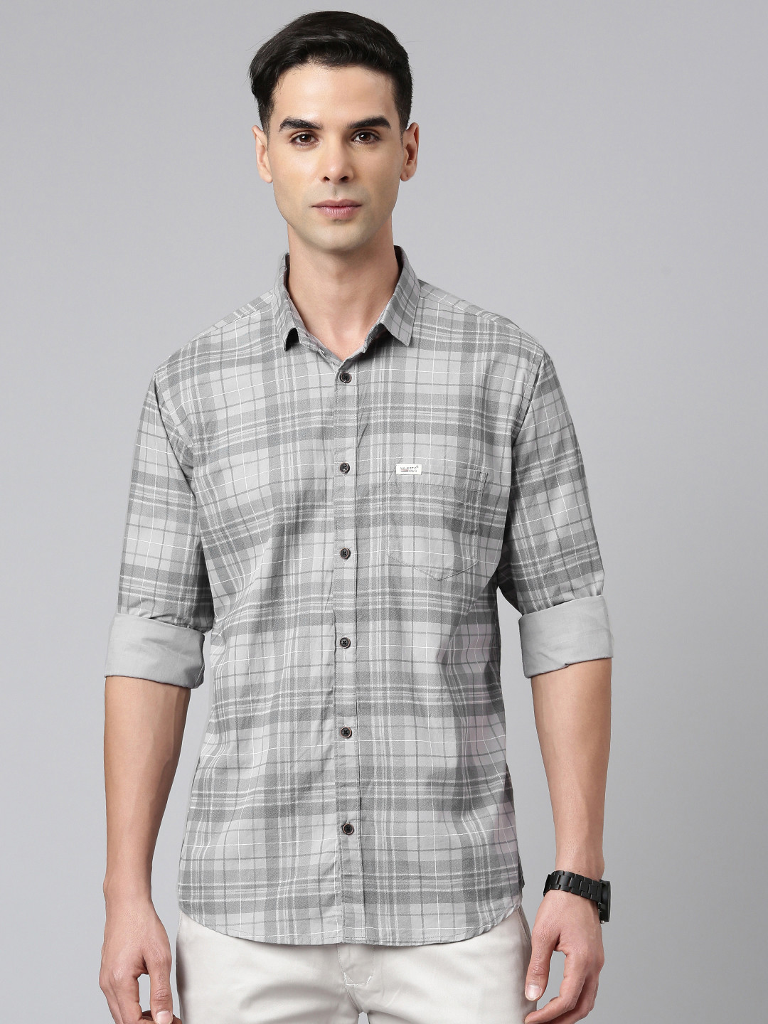 

Majestic Man Men Comfort Slim Fit Opaque Checked Pure Cotton Casual Shirt, Grey