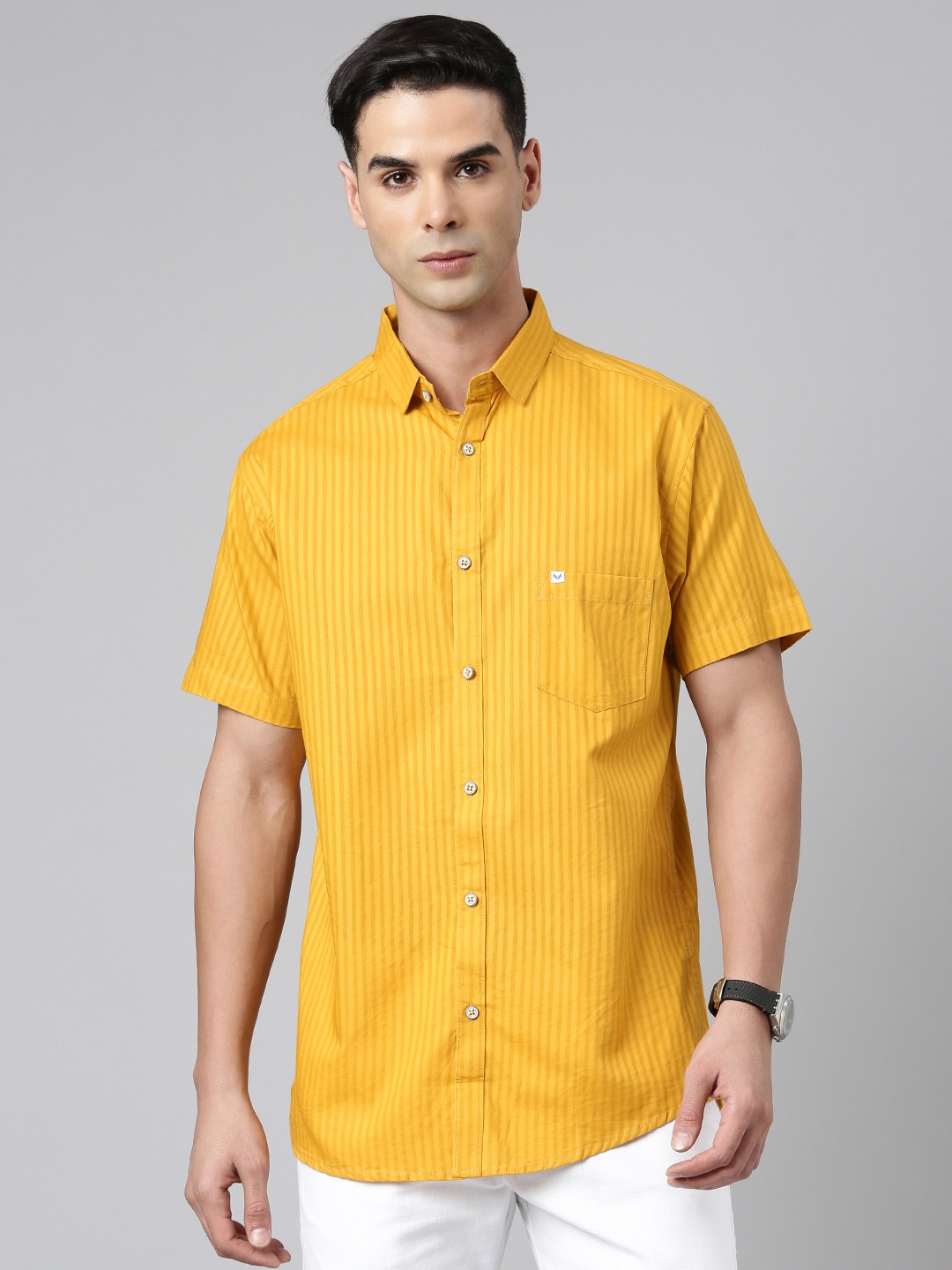 

Majestic Man Men Comfort Slim Fit Opaque Striped Pure Cotton Casual Shirt, Mustard